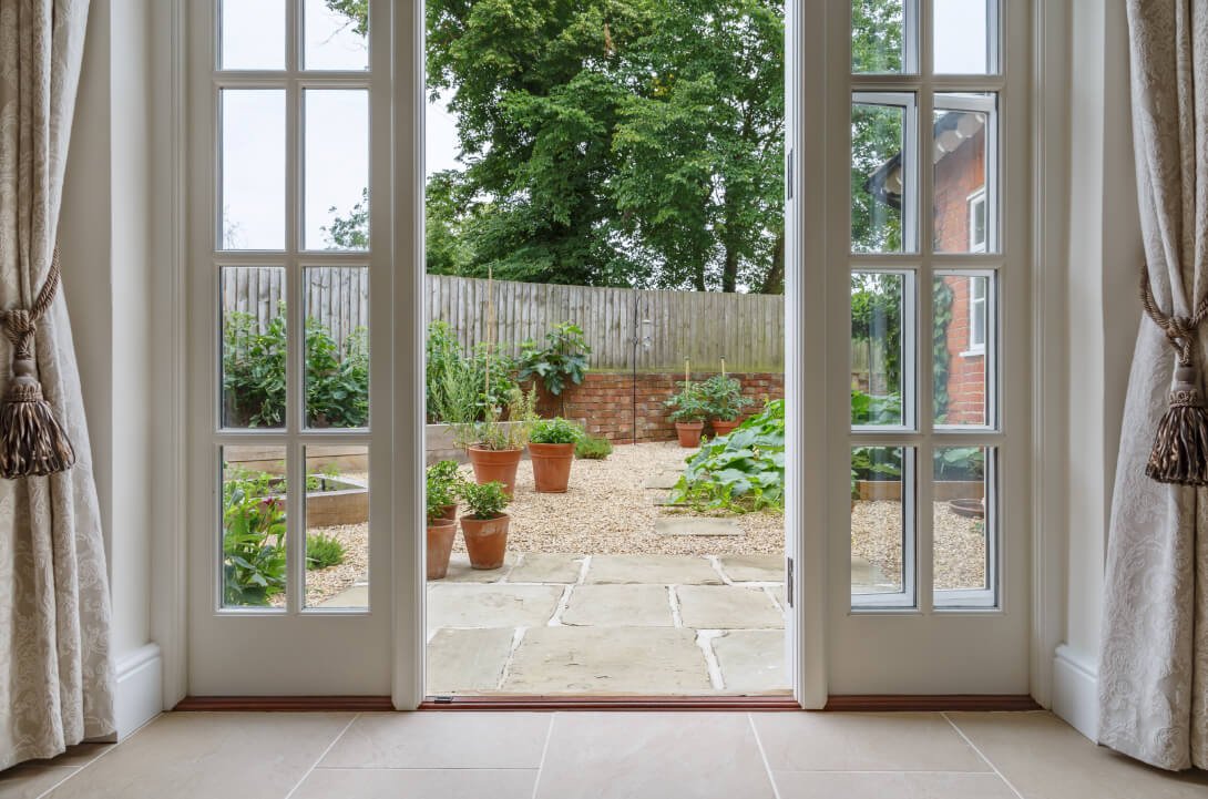 French doors after repair and painting